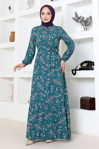moda selvim Floral Patterned Hijab Dress ZNN4069-M Green - Thumbnail