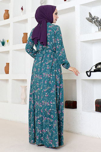 moda selvim Floral Patterned Hijab Dress ZNN4069-M Green - Thumbnail
