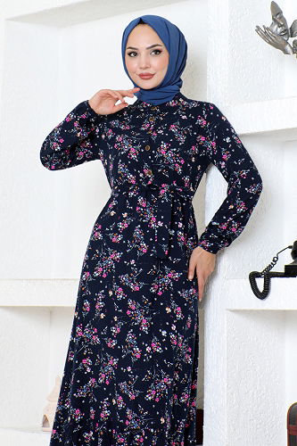 moda selvim Floral Patterned Hijab Dress ZNN4069-M Laci - Thumbnail