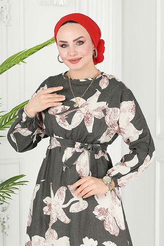 moda selvim الفستان رمادي غامق 8233BRZ597 - Thumbnail