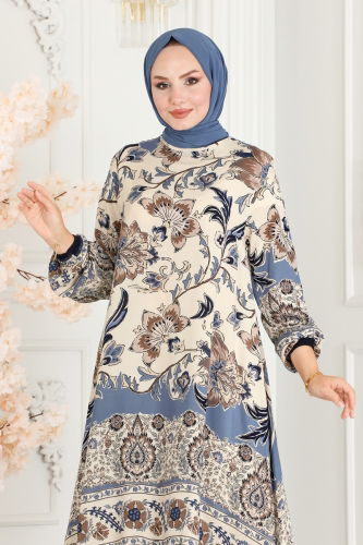 moda selvim Floral Patterned Viscose Tunic 1004ZNN863 Navy Blue - Thumbnail