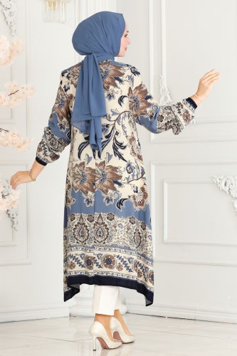 moda selvim Floral Patterned Viscose Tunic 1004ZNN863 Navy Blue - Thumbnail