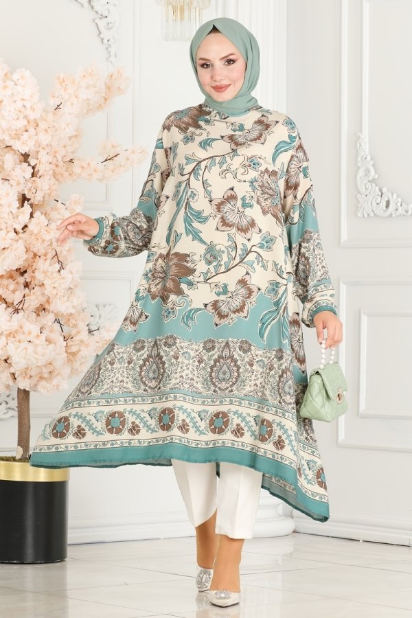 Modaselvim Tunic Floral Patterned Viscose Tunic 1004ZNN863 Mint