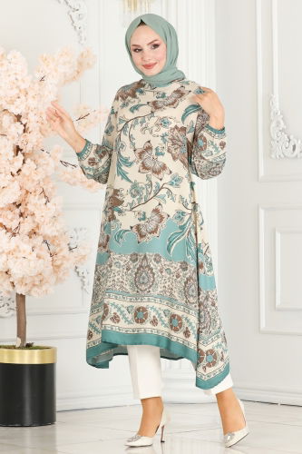 moda selvim Floral Patterned Viscose Tunic 1004ZNN863 Mint - Thumbnail