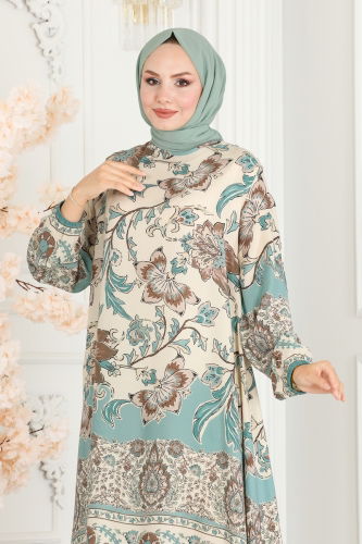 moda selvim Floral Patterned Viscose Tunic 1004ZNN863 Mint - Thumbnail