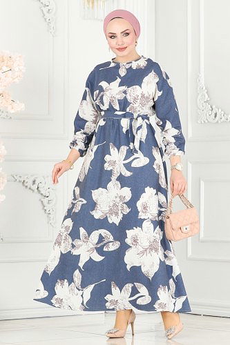 moda selvim Dress 8233BRZ597 Indigo - Thumbnail