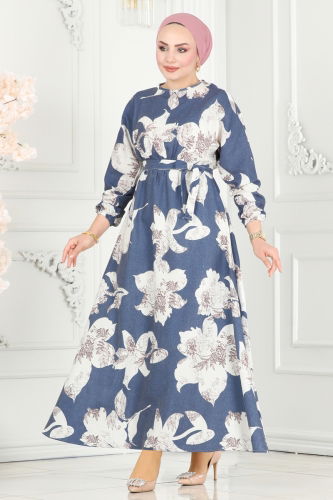 moda selvim Dress 8233BRZ597 Indigo - Thumbnail