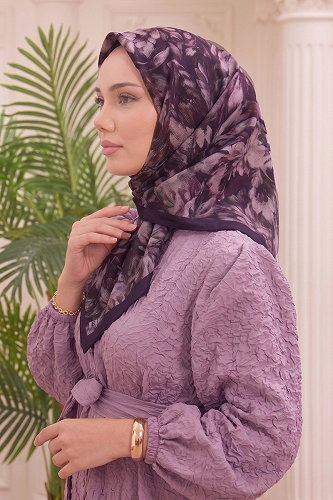 moda selvim Florya Desen Soft Eşarp 514ERBK1201 Mor - Thumbnail