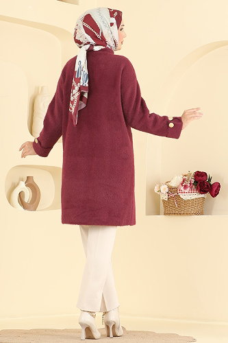 moda selvim Fluar Detaylı Triko Hırka 202648FNM1211 Bordo - Thumbnail