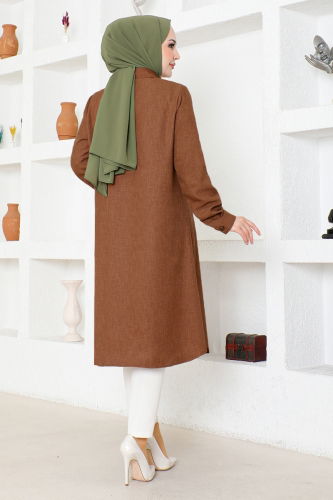 moda selvim Front Button Front Linen Tunic MSL2012 Brown - Thumbnail