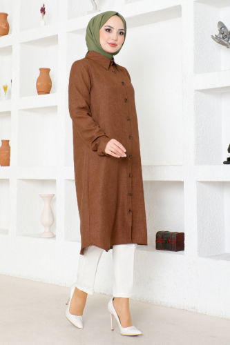 moda selvim Front Button Front Linen Tunic MSL2012 Brown - Thumbnail