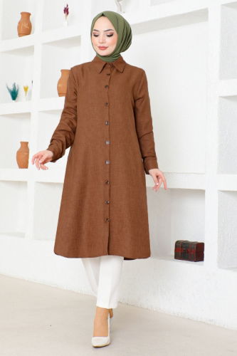 moda selvim Front Button Front Linen Tunic MSL2012 Brown - Thumbnail