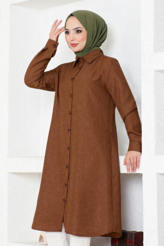 moda selvim Front Button Front Linen Tunic MSL2012 Brown - Thumbnail