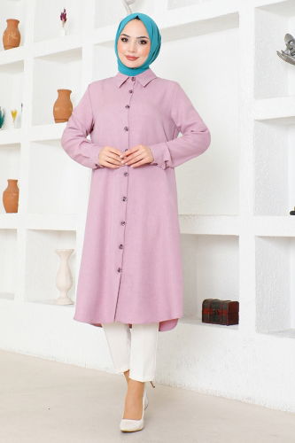 moda selvim Front Buttoned Linen Tunic MSL2012 Rose Dry - Thumbnail