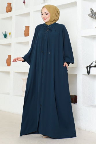 moda selvim Front Zipper Crepe Abaya HMY212 Indigo - Thumbnail