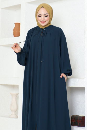 moda selvim Front Zipper Crepe Abaya HMY212 Indigo - Thumbnail