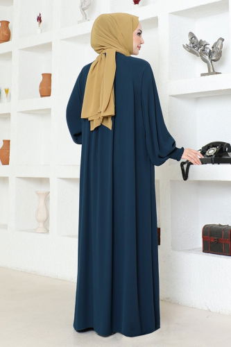 moda selvim Front Zipper Crepe Abaya HMY212 Indigo - Thumbnail