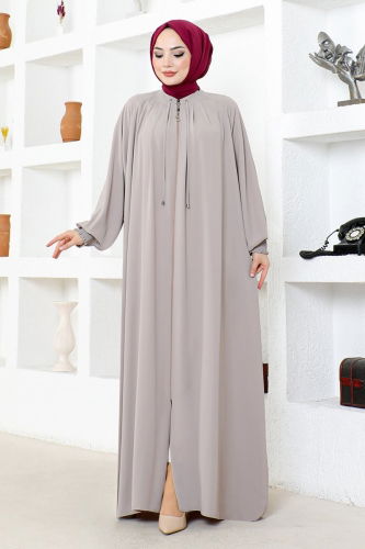 moda selvim Front Zipper Crepe Abaya HMY212 Stone - Thumbnail