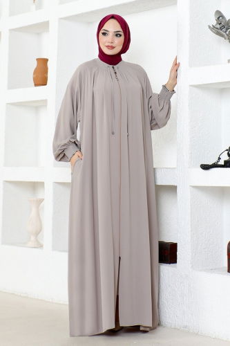 moda selvim Front Zipper Crepe Abaya HMY212 Stone - Thumbnail