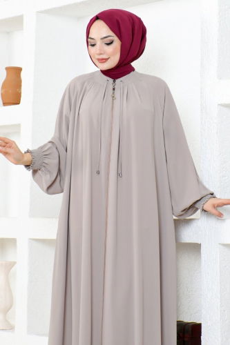 moda selvim Front Zipper Crepe Abaya HMY212 Stone - Thumbnail