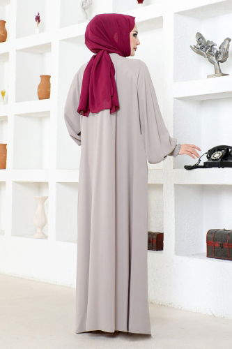 moda selvim Front Zipper Crepe Abaya HMY212 Stone - Thumbnail