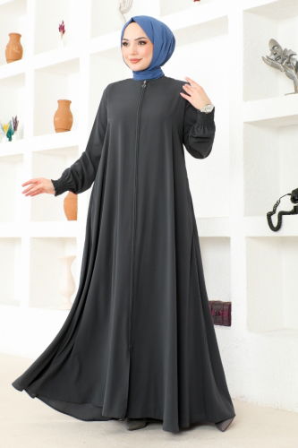 moda selvim Front Zipper Medina Abaya OZA1002 Anthracite - Thumbnail