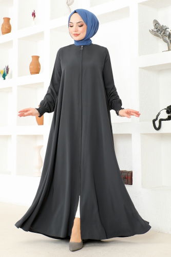 moda selvim Front Zipper Medina Abaya OZA1002 Anthracite - Thumbnail