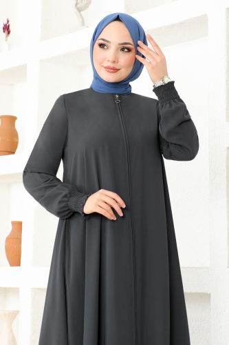 moda selvim Front Zipper Medina Abaya OZA1002 Anthracite - Thumbnail