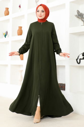 moda selvim Front Zipper Medina Abaya OZA1002 Khaki - Thumbnail