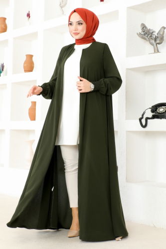 moda selvim Front Zipper Medina Abaya OZA1002 Khaki - Thumbnail