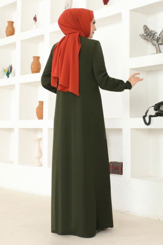 moda selvim Front Zipper Medina Abaya OZA1002 Khaki - Thumbnail