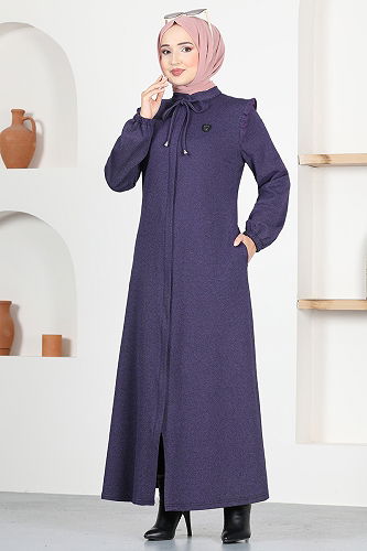 moda selvim Front Zippered Abaya MSL9043-M Dark Lilac - Thumbnail