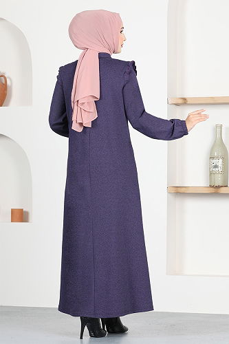 moda selvim Front Zippered Abaya MSL9043-M Dark Lilac - Thumbnail