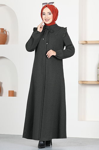 moda selvim Front Zippered Abaya MSL9043-M Khaki - Thumbnail
