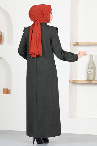 moda selvim Front Zippered Abaya MSL9043-M Khaki - Thumbnail