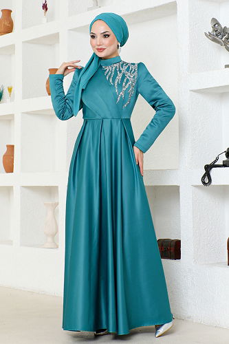 moda selvim فستان سهرة ABY5725-M بترولي - Thumbnail