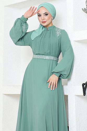 moda selvim فستان سهرة ALM52879-M أخضر باهت - Thumbnail