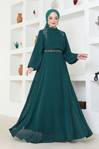 moda selvim فستان سهرة ALM52879-M بترولي - Thumbnail