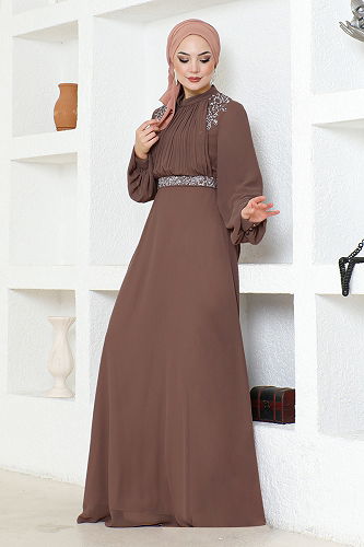 moda selvim فستان سهرة ALM52879-M بيج غامق - Thumbnail