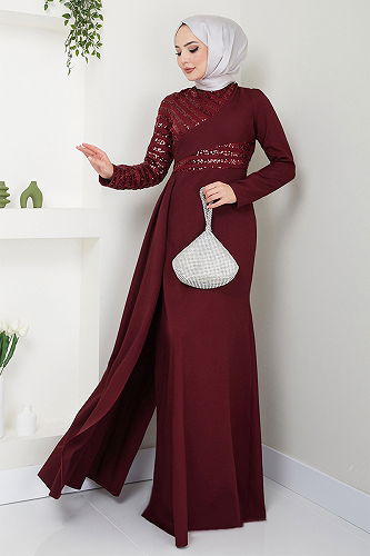 moda selvim فستان سهرة ASM2711-M خمري - Thumbnail