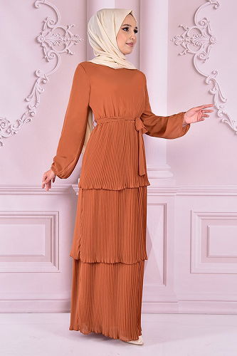 moda selvim فستان سهرة NEV24695-M قرميدي - Thumbnail