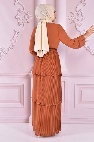 moda selvim فستان سهرة NEV24695-M قرميدي - Thumbnail