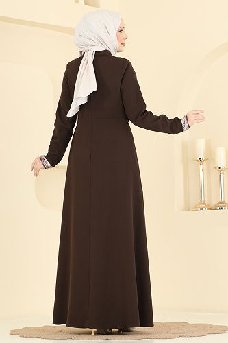 moda selvim Fular Aksesuarlı Dabıl Elbise 2818SL432 Acı Kahve - Thumbnail