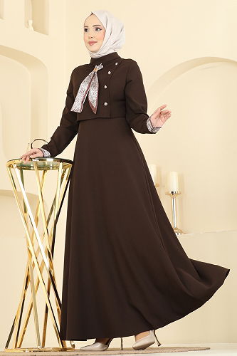 moda selvim Fular Aksesuarlı Dabıl Elbise 2818SL432 Acı Kahve - Thumbnail