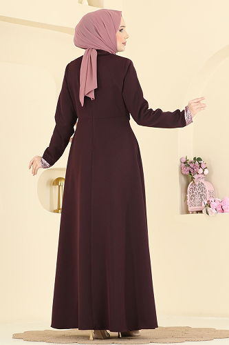 moda selvim Fular Aksesuarlı Dabıl Elbise 2818SL432 Koyu Mürdüm - Thumbnail