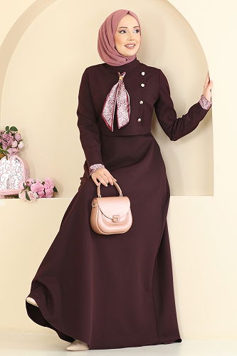 moda selvim Fular Aksesuarlı Dabıl Elbise 2818SL432 Koyu Mürdüm - Thumbnail