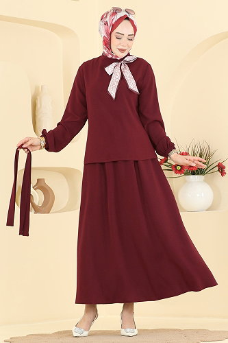 moda selvim Fular Detaylı 2 li Takım PL9234 Bordo - Thumbnail