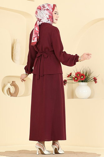 moda selvim Fular Detaylı 2 li Takım PL9234 Bordo - Thumbnail