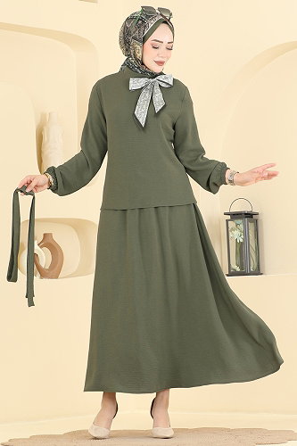 moda selvim Fular Detaylı 2 li Takım PL9234 Haki - Thumbnail