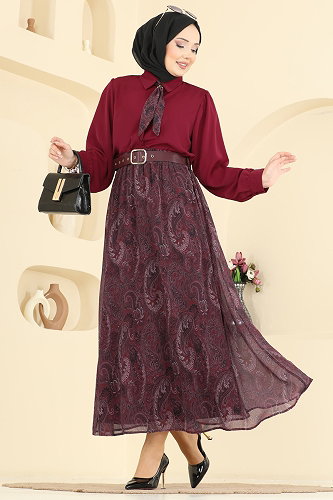 moda selvim Fular Detaylı Şifon Takım 8076TEG847 Bordo - Thumbnail